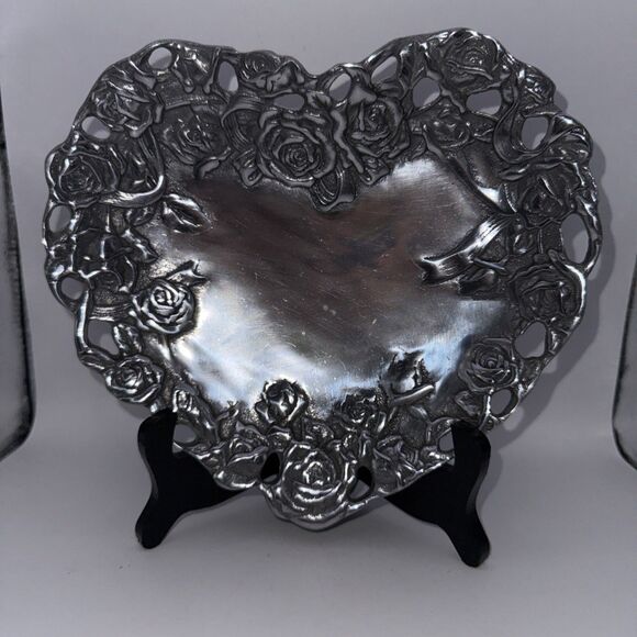 Peltrina Pewter Rose Heart Shaped Dish Made In Argentina Hand Made - Picture 1 of 8